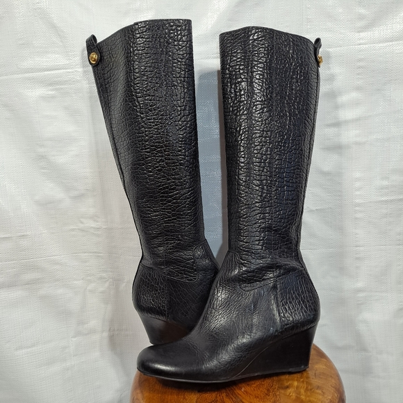 Tory Burch Dabney Black Pebble Leather Tall Wedge Boots